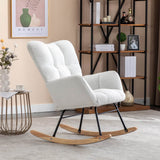 Teddy Fabric Upholstered Rocking Chair with Padded Seat and 2 Side Pockets - Tufted Nursery and Living Room Chair, Ivory White