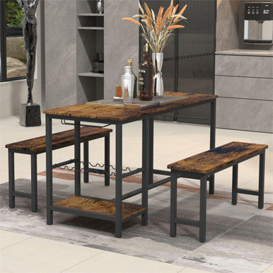 3-Piece Brown Dining Table and Bench Set with Compact Design - PAD-24612D
