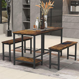 3-Piece Brown Dining Table and Bench Set with Compact Design - PAD-24612D