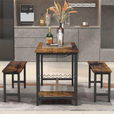 3-Piece Brown Dining Table and Bench Set with Compact Design - PAD-24612D