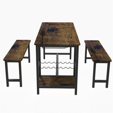 3-Piece Brown Dining Table and Bench Set with Compact Design - PAD-24612D