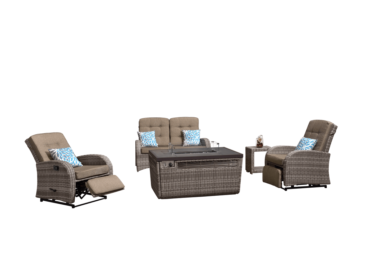 4 Seater Garden Fire Pit Sofa Set with Side Tables -  Rattan Outdoor Sofa with Rectangular Fire Pit Table