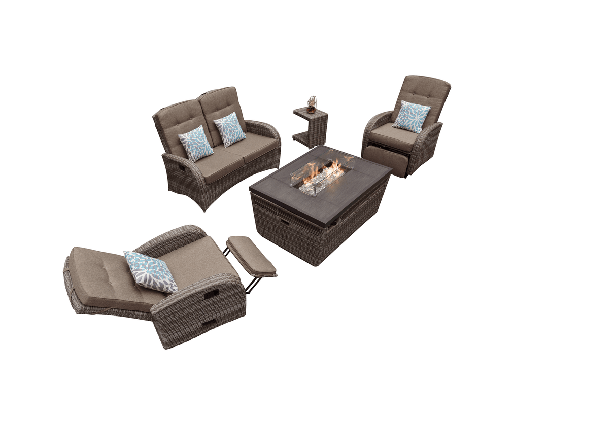 4 Seater Garden Fire Pit Sofa Set with Side Tables -  Rattan Outdoor Sofa with Rectangular Fire Pit Table