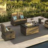 4 Seater Garden Fire Pit Sofa Set with Side Tables -  Rattan Outdoor Sofa with Rectangular Fire Pit Table