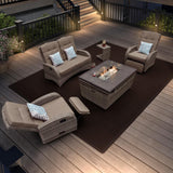 4 Seater Garden Fire Pit Sofa Set with Side Tables -  Rattan Outdoor Sofa with Rectangular Fire Pit Table