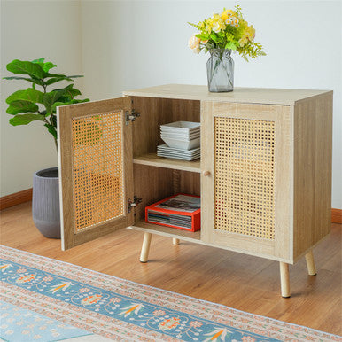Natural Wood Color Rattan Storage Cabinet