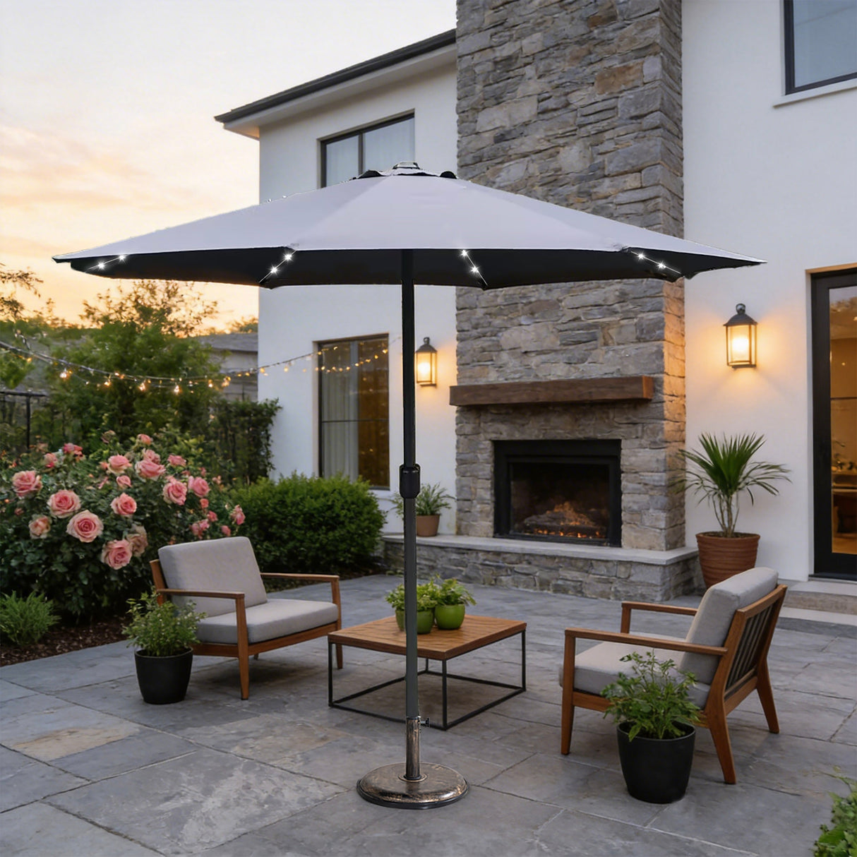 LED Garden Parasol with Steel Pole - 8 Rib, Crank Handle & Vented Canopy