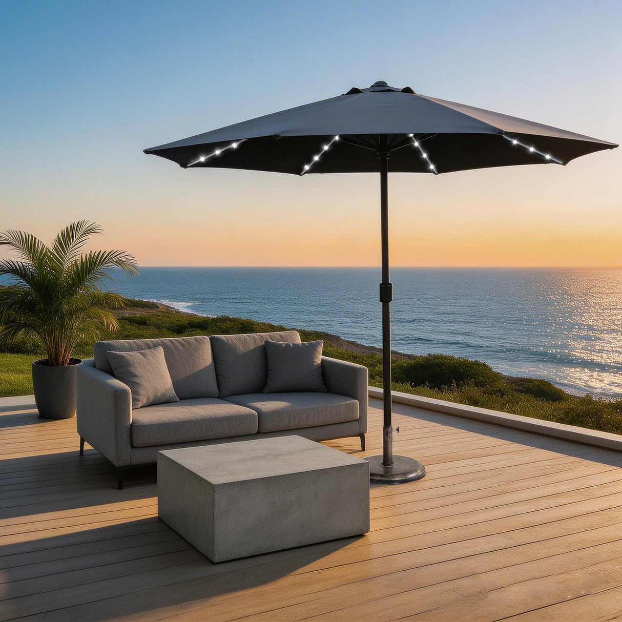 LED Garden Parasol with Steel Pole - 8 Rib, Crank Handle & Vented Canopy