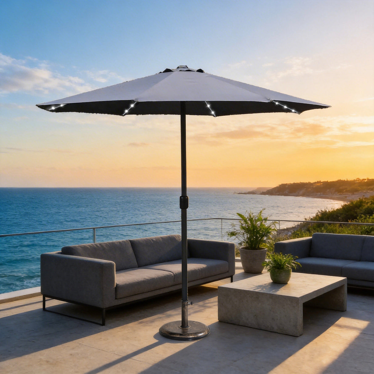 LED Garden Parasol with Steel Pole - 8 Rib, Crank Handle & Vented Canopy