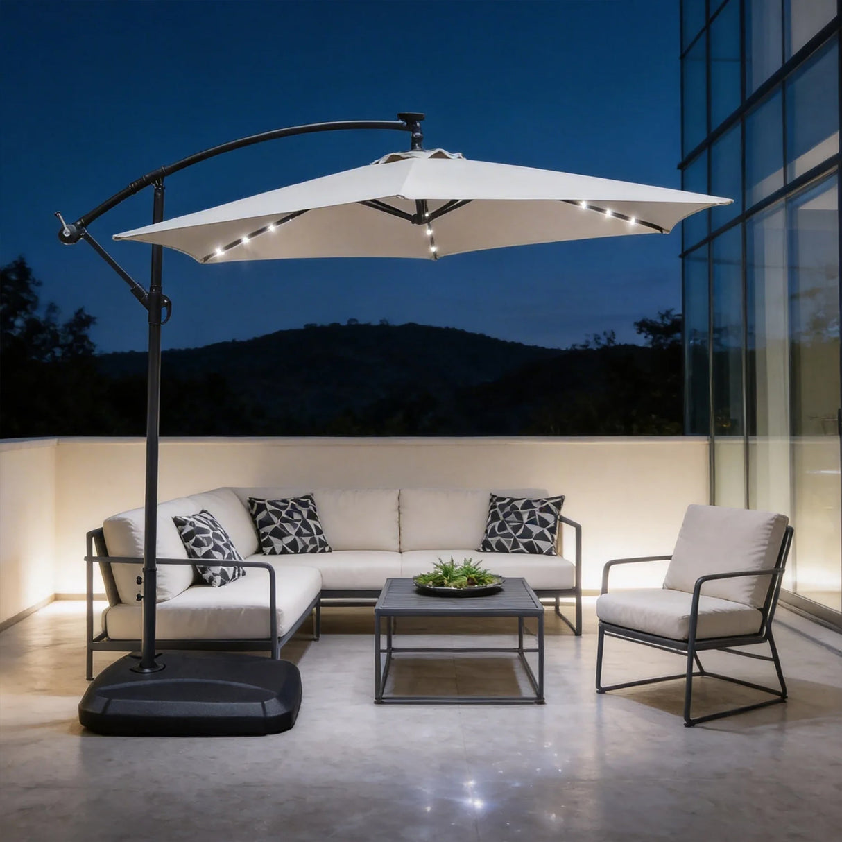 LED Cantilever Garden Parasol with Steel Frame - 8 Rib, Vented Canopy & Weighted Base