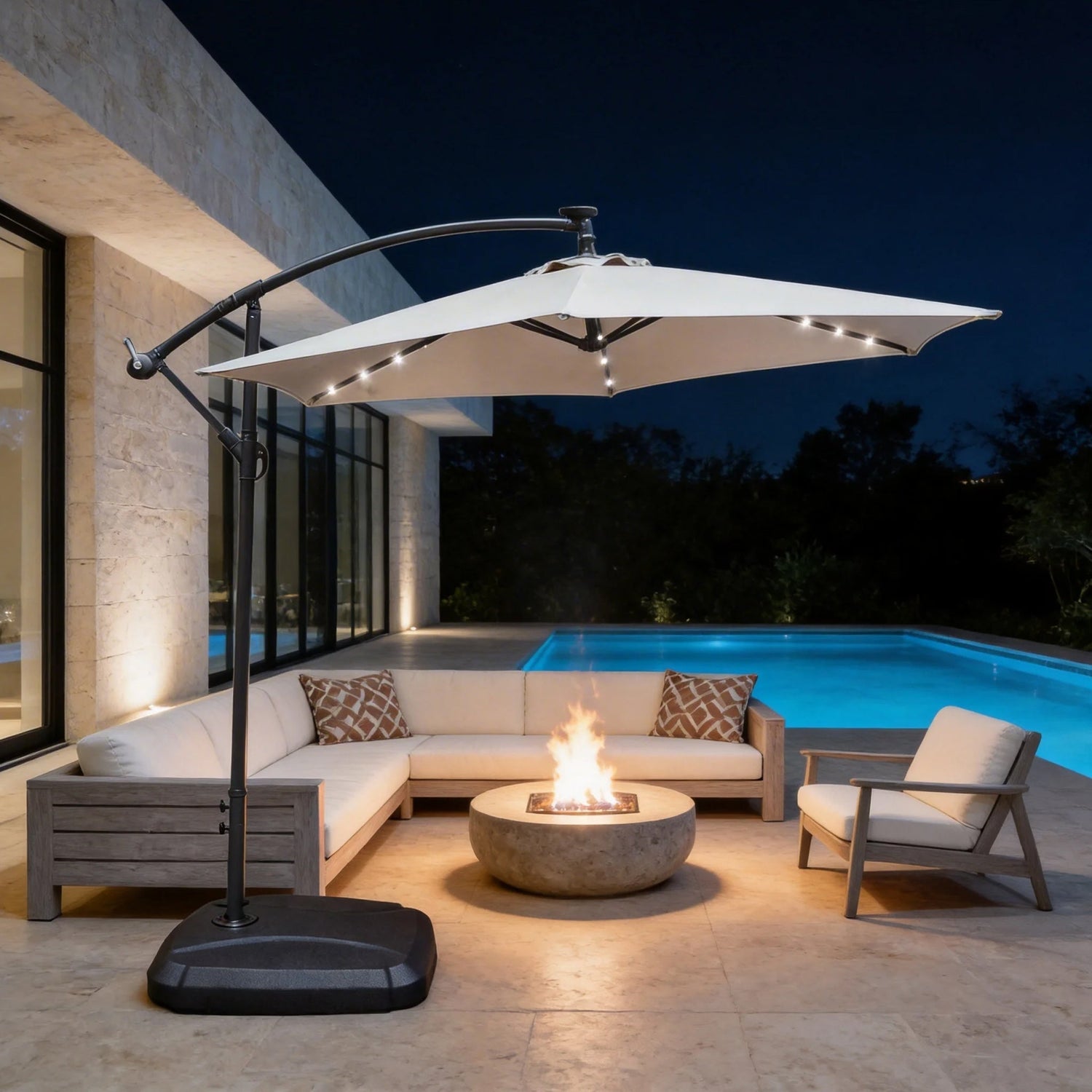 LED Cantilever Garden Parasol with Steel Frame - 8 Rib, Vented Canopy & Weighted Base