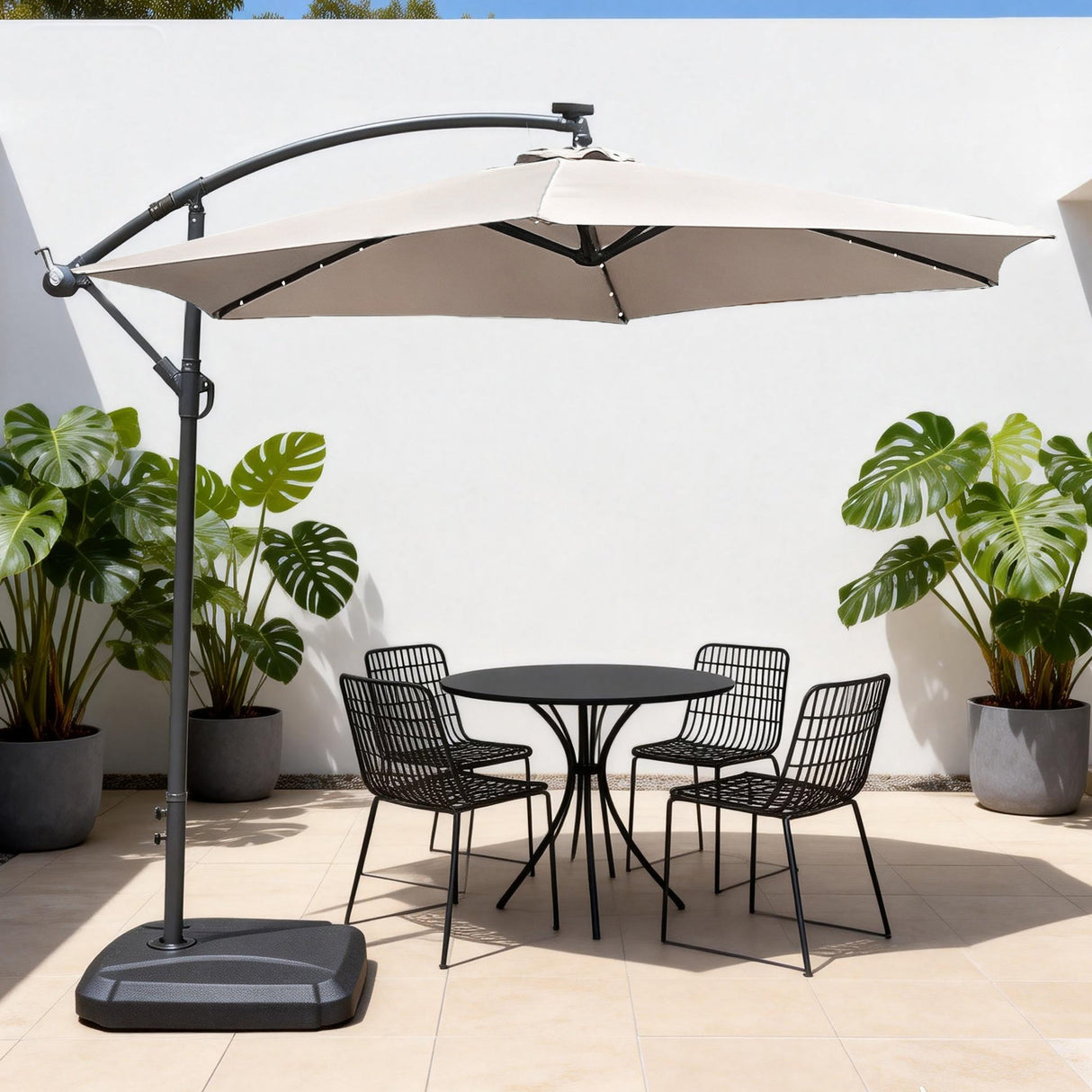 LED Cantilever Garden Parasol with Steel Frame - 8 Rib, Vented Canopy & Weighted Base