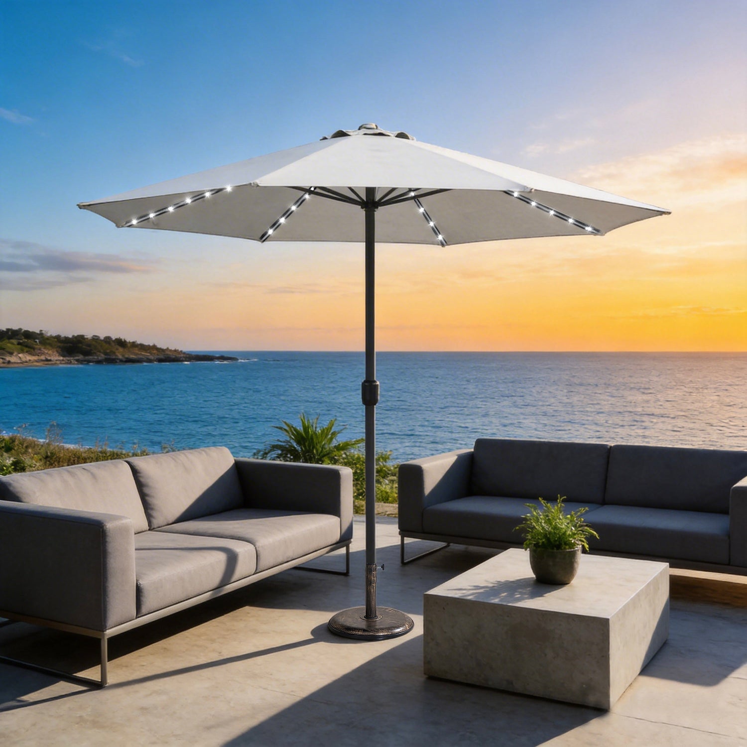 LED Garden Parasol with Steel Pole - 8 Rib, Crank Handle & Vented Canopy