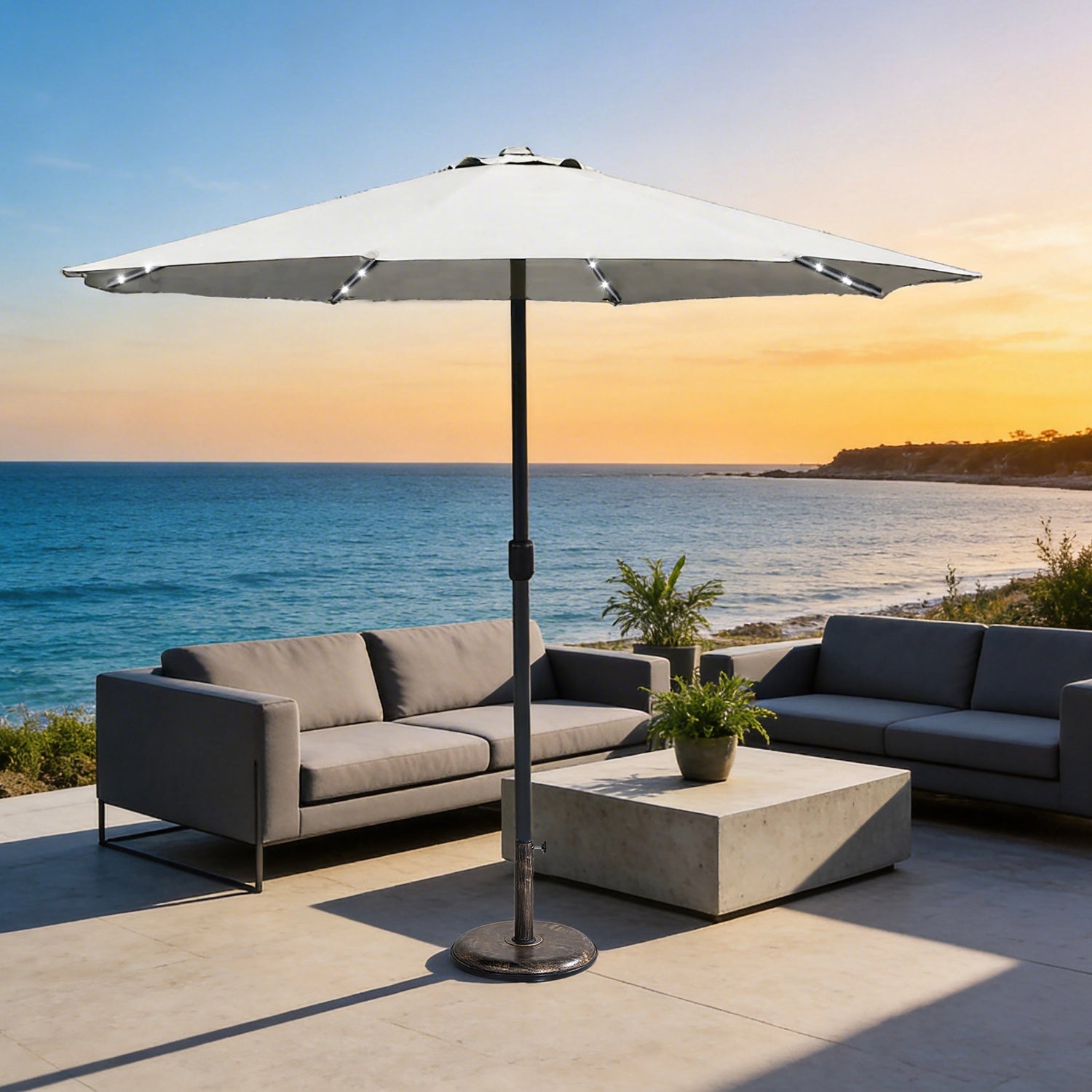 LED Garden Parasol with Steel Pole - 8 Rib, Crank Handle & Vented Canopy