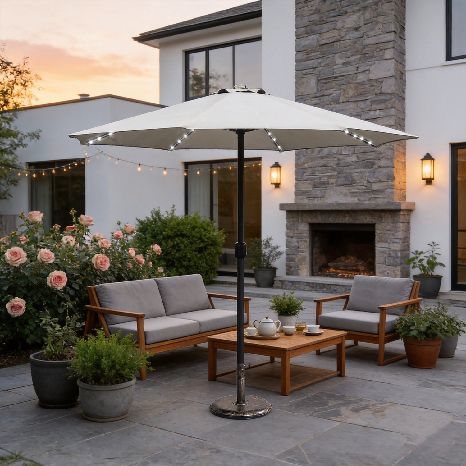 LED Garden Parasol with Steel Pole - 8 Rib, Crank Handle & Vented Canopy