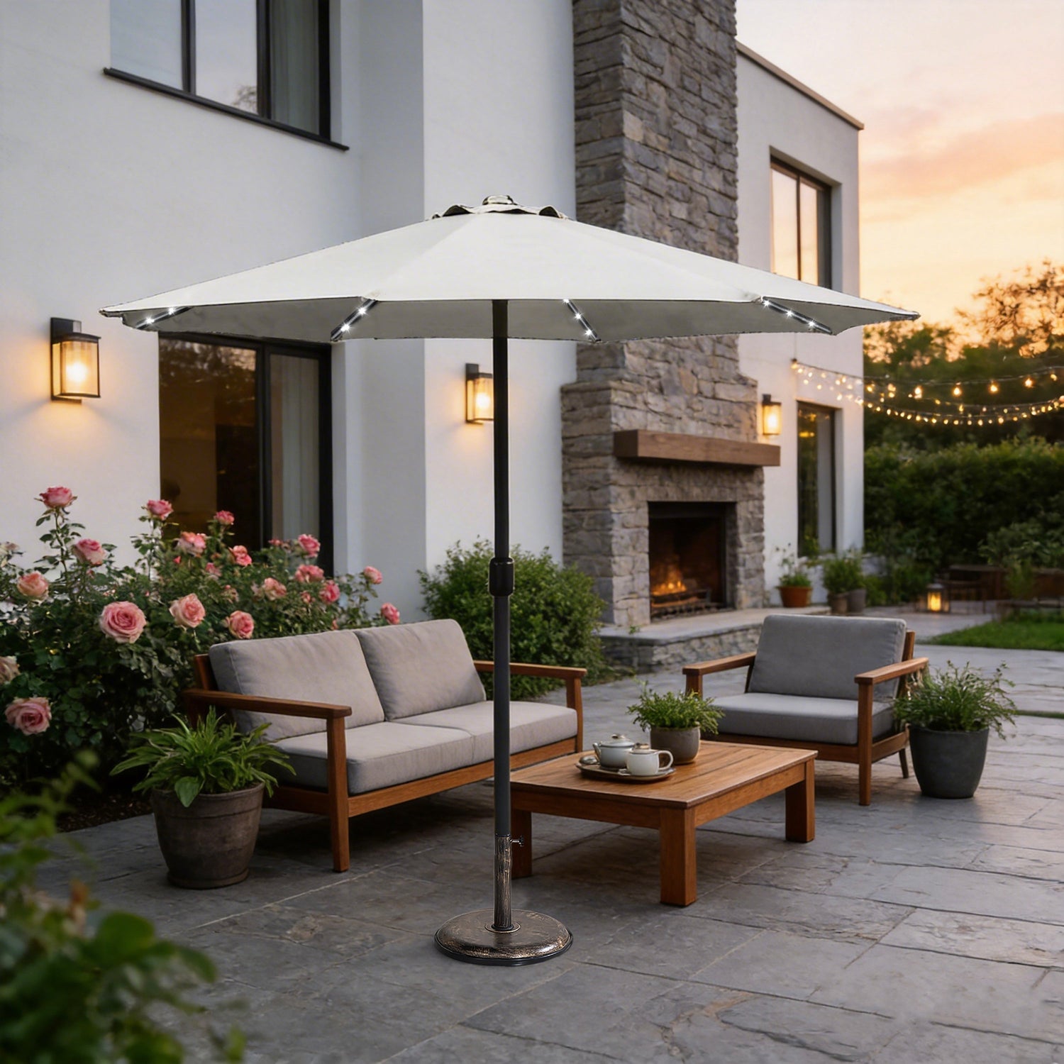 LED Garden Parasol with Steel Pole - 8 Rib, Crank Handle & Vented Canopy