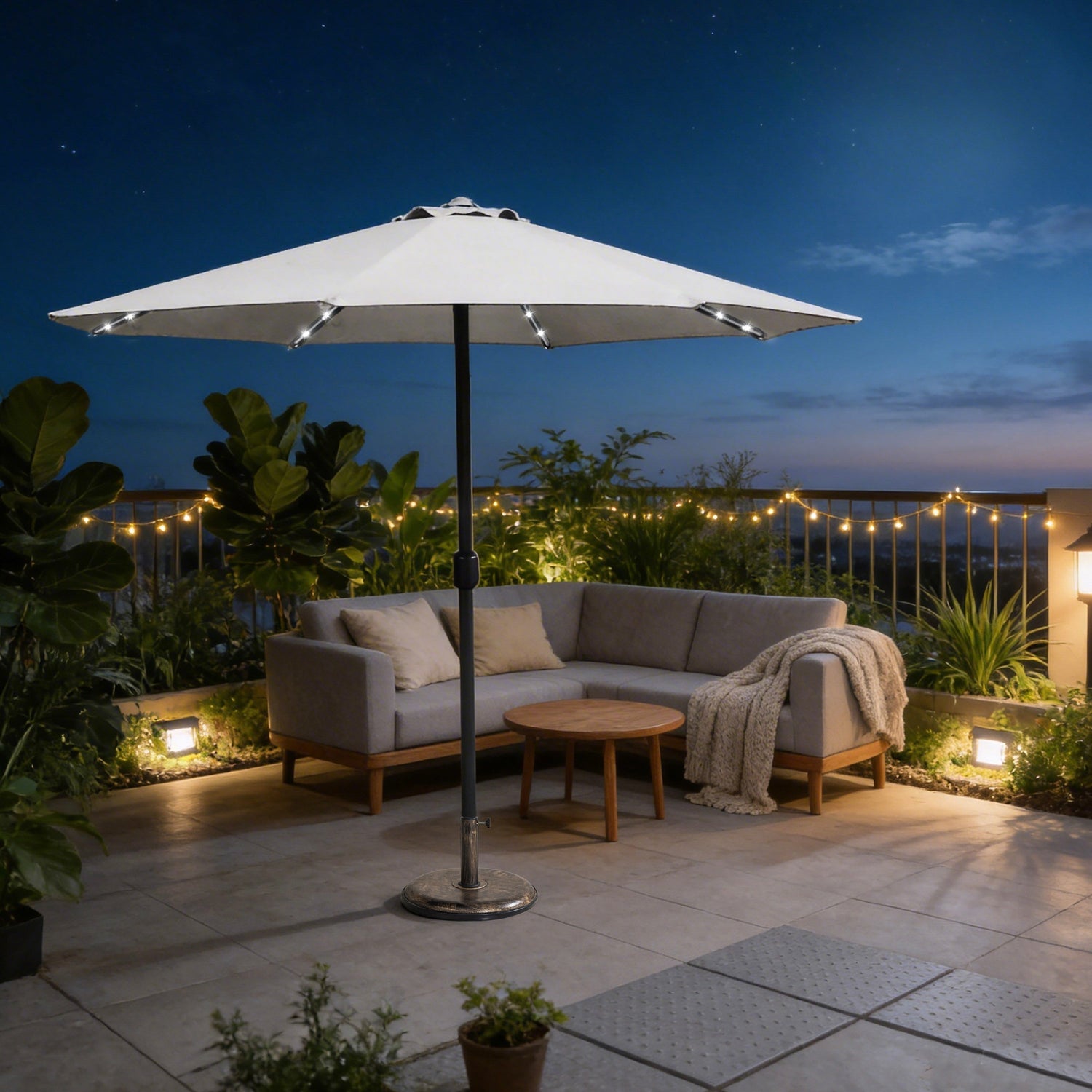 LED Garden Parasol with Steel Pole - 8 Rib, Crank Handle & Vented Canopy