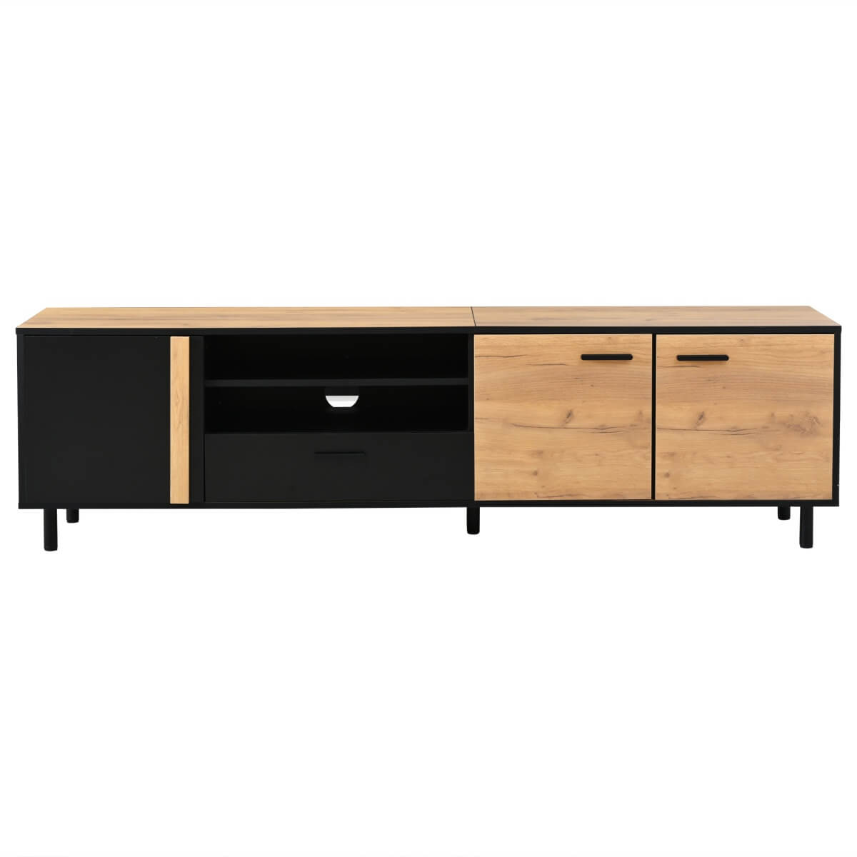 180cm Modern TV Stand for Up to 75 Inch TVs - Oak & Black Media Console with Drawers & Cabinets, Industrial TV Unit