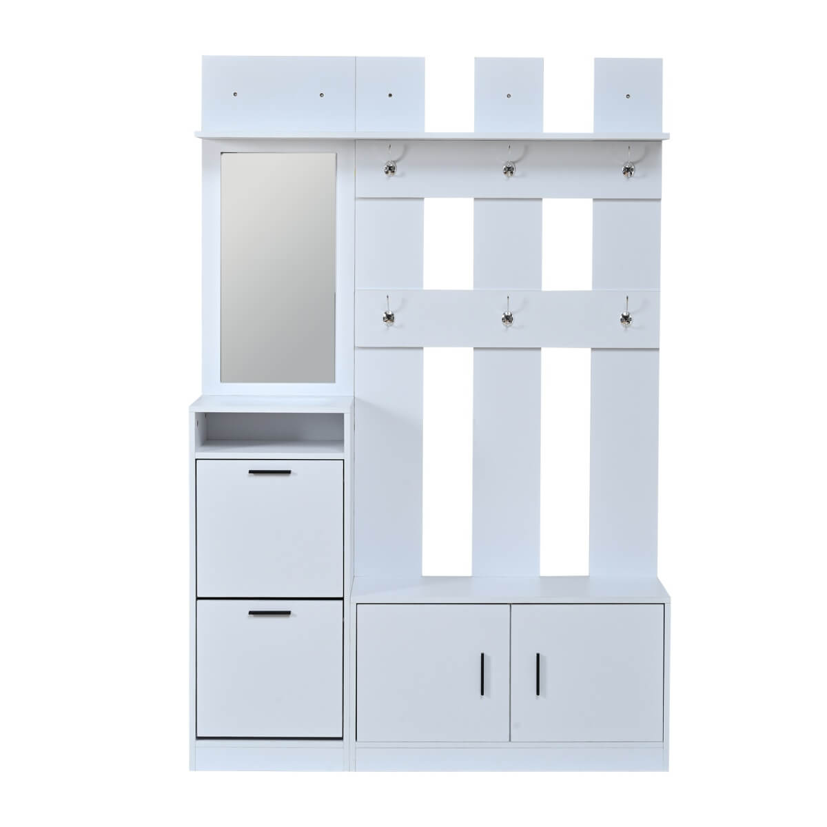 Modern White Hall Tree Entryway Set with Mirror - Freestanding Coat Rack and Shoe Storage Cabinet with 6 Hooks and Shoe Bench