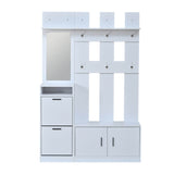 Modern White Hall Tree Entryway Set with Mirror - Freestanding Coat Rack and Shoe Storage Cabinet with 6 Hooks and Shoe Bench