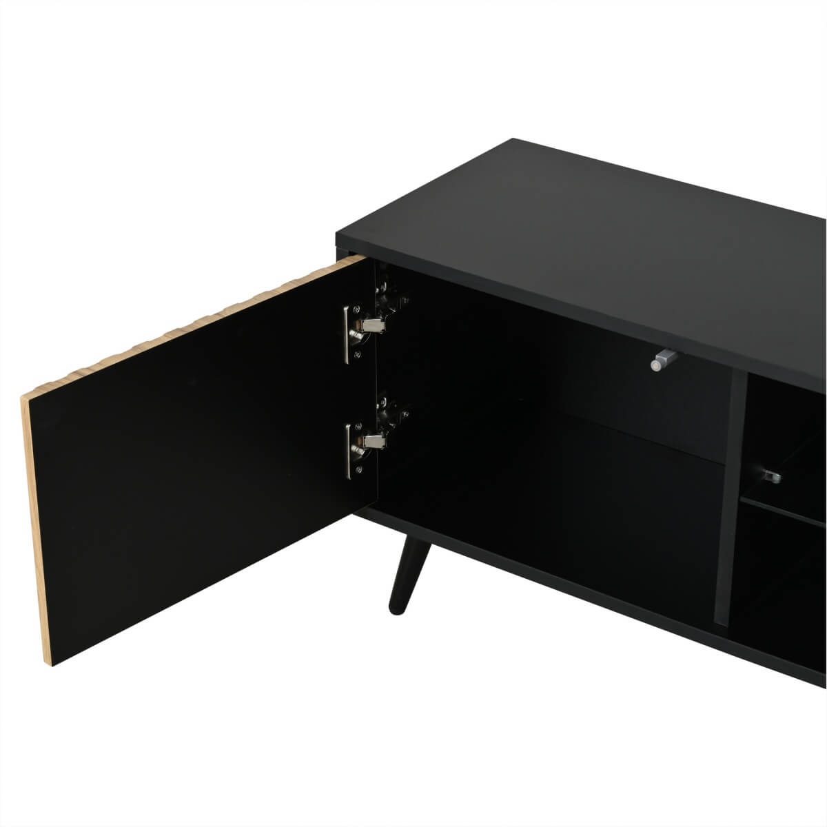 175cm Mid-Century Modern LED TV Stand - Black Media Console with Storage Cabinets
