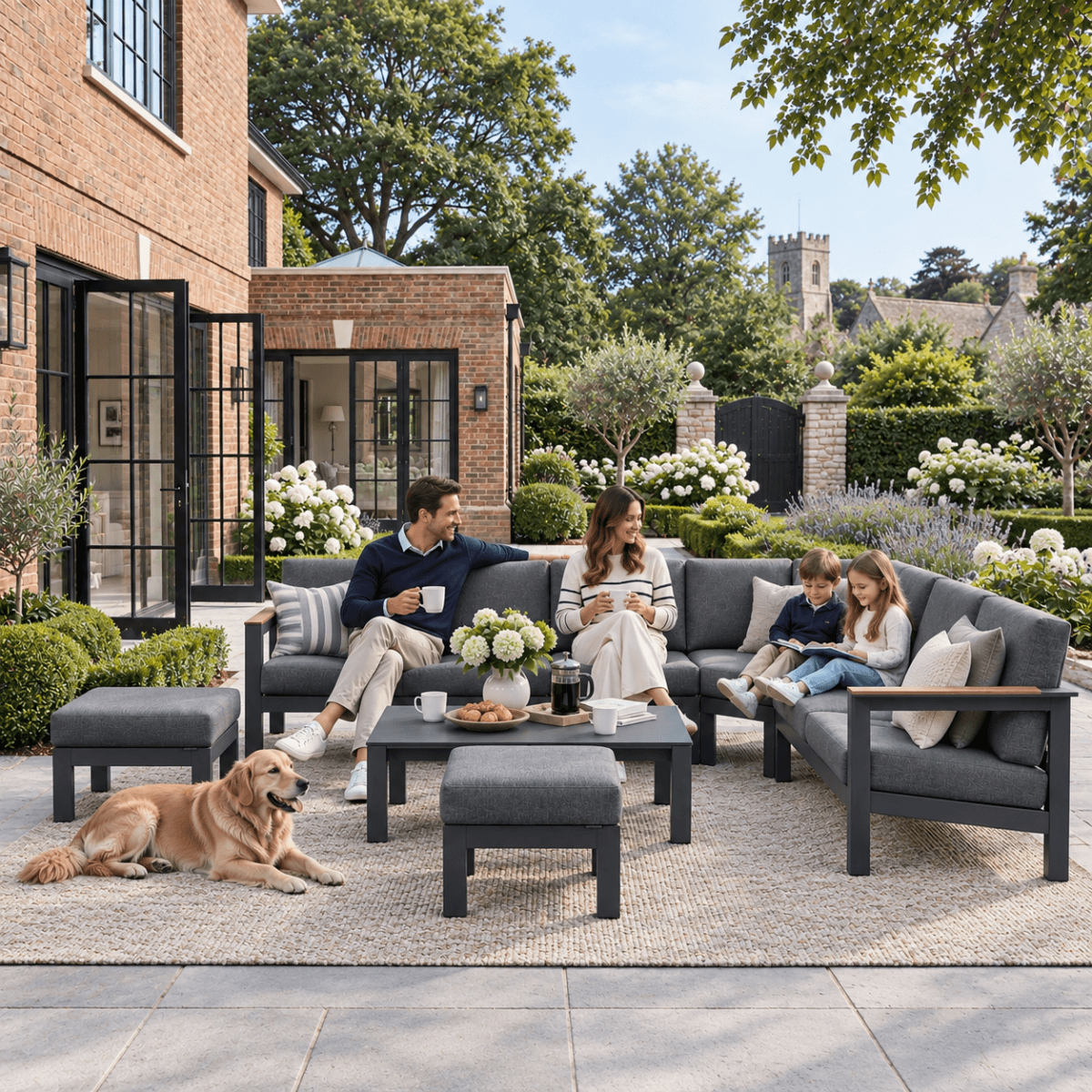 ARVE 5-Seater Modular Aluminium Outdoor Corner Sofa Set - 7 Pieces | Teak Armrests | Olefin Cushions | Ceramic Glass Coffee Table