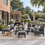ARVE 5-Seater Modular Aluminium Outdoor Corner Sofa Set - 7 Pieces | Teak Armrests | Olefin Cushions | Ceramic Glass Coffee Table