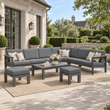 ARVE 5-Seater Modular Aluminium Outdoor Corner Sofa Set - 7 Pieces | Teak Armrests | Olefin Cushions | Ceramic Glass Coffee Table
