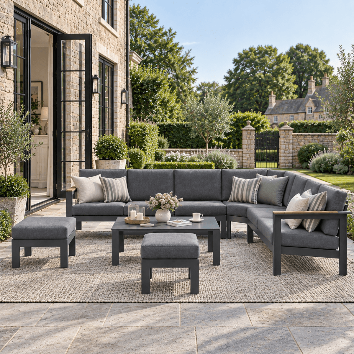 ARVE 5-Seater Modular Aluminium Outdoor Corner Sofa Set - 7 Pieces | Teak Armrests | Olefin Cushions | Ceramic Glass Coffee Table