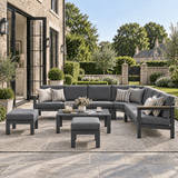 ARVE 5-Seater Modular Aluminium Outdoor Corner Sofa Set - 7 Pieces | Teak Armrests | Olefin Cushions | Ceramic Glass Coffee Table