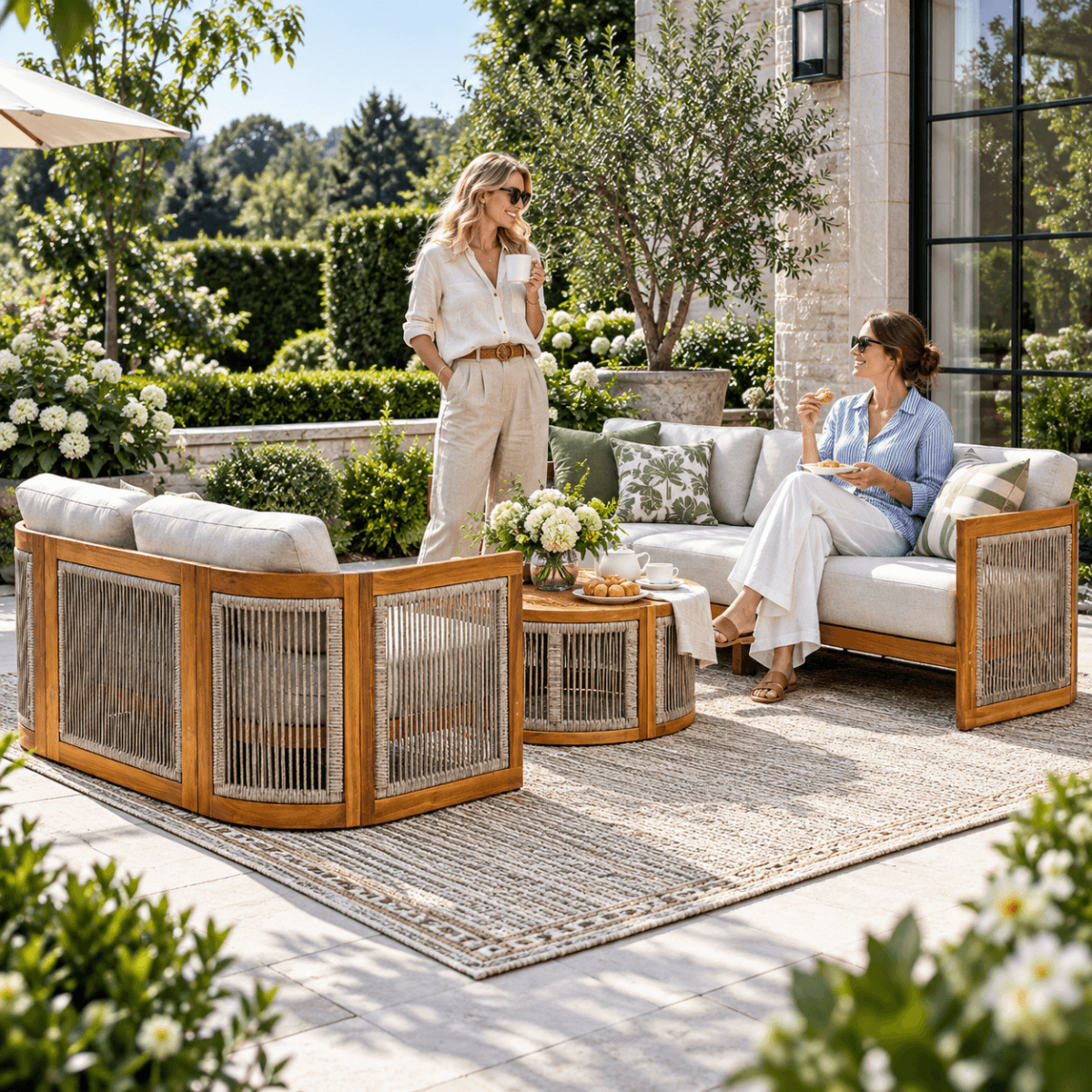 CAVEN 5-Seater Solid Wood Garden Sofa Set - 3-Piece Outdoor Sofa Set with Cushions