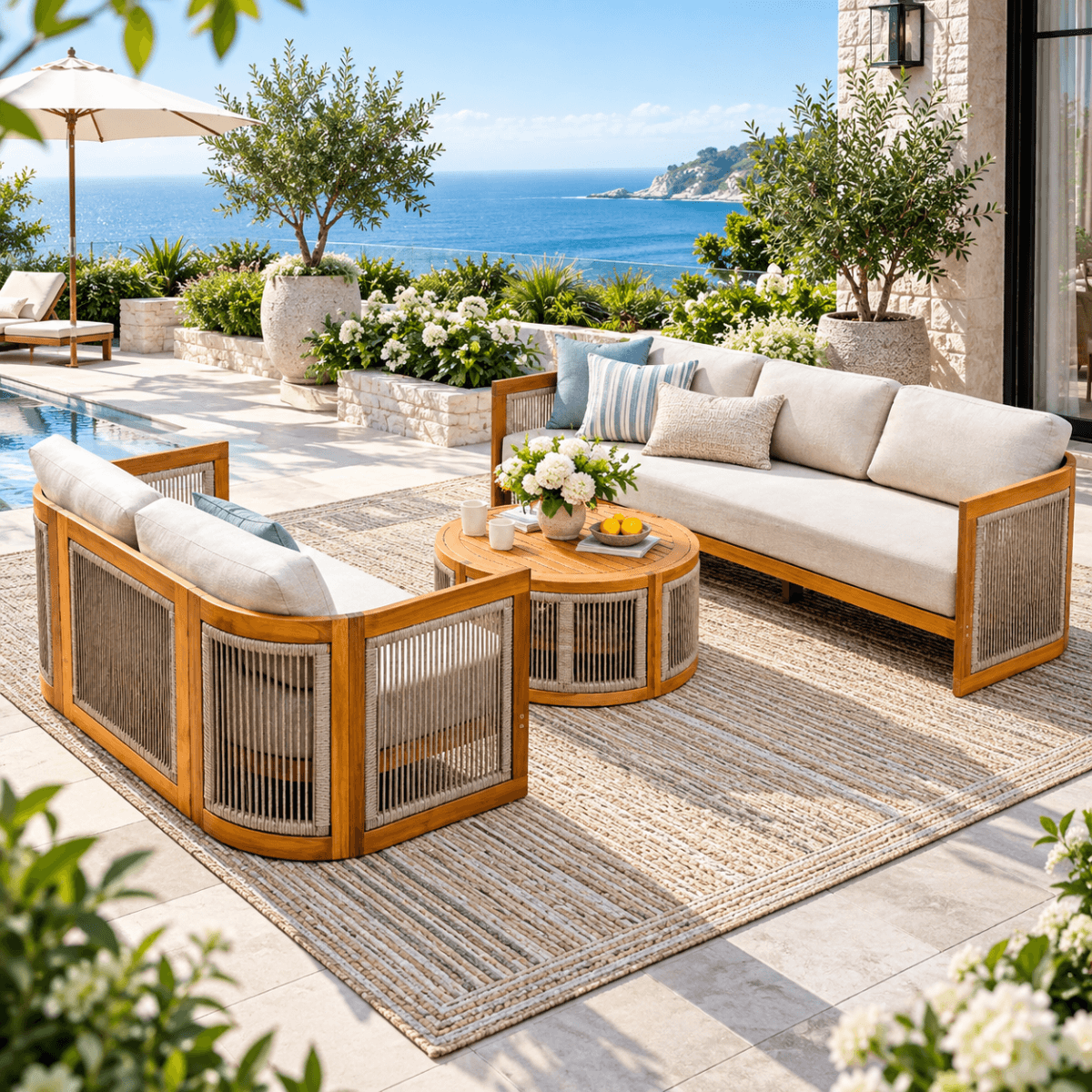 CAVEN 5-Seater Solid Wood Garden Sofa Set - 3-Piece Outdoor Sofa Set with Cushions