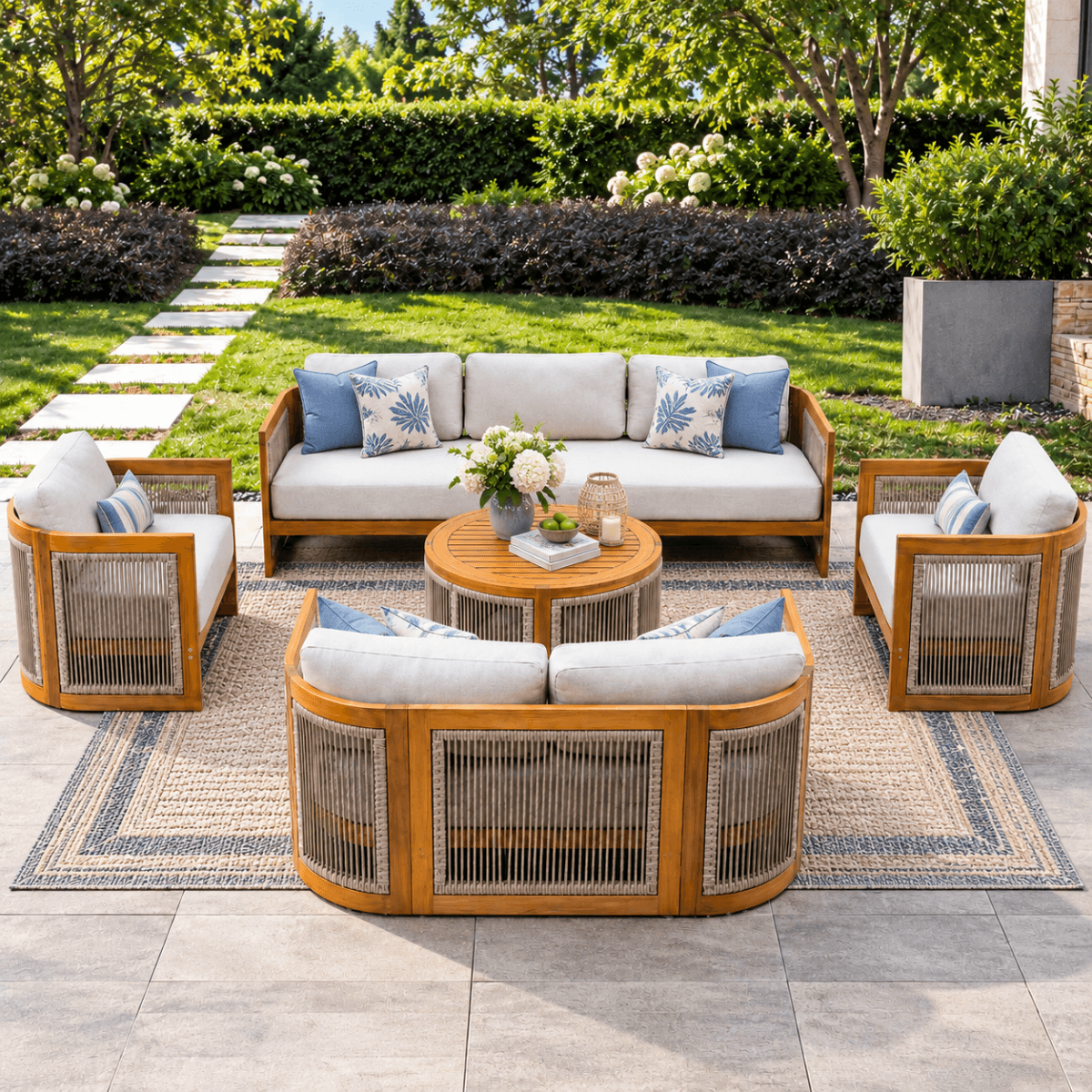 CAVEN 7-Seater Solid Wood Garden Sofa Set - 5-Piece Outdoor Sofa Set with Cushions