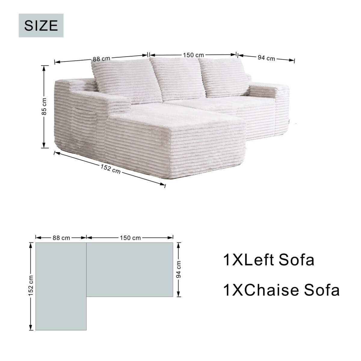 SOFTY 3-5 Seater Indoor Modular Sofa Set - Compressed Sectional Sofa with Right Chaise & Left Armchair, Grey