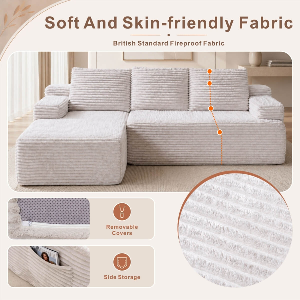 SOFTY 3-5 Seater Indoor Modular Sofa Set - Compressed Sectional Sofa with Right Chaise & Left Armchair, Grey