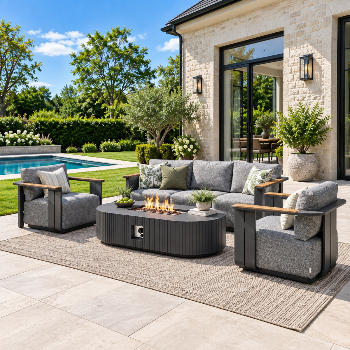 VAREL 4-Piece Sofa Set with LYRIN Fire Pit Table (2 Armchairs + 3-Seater)