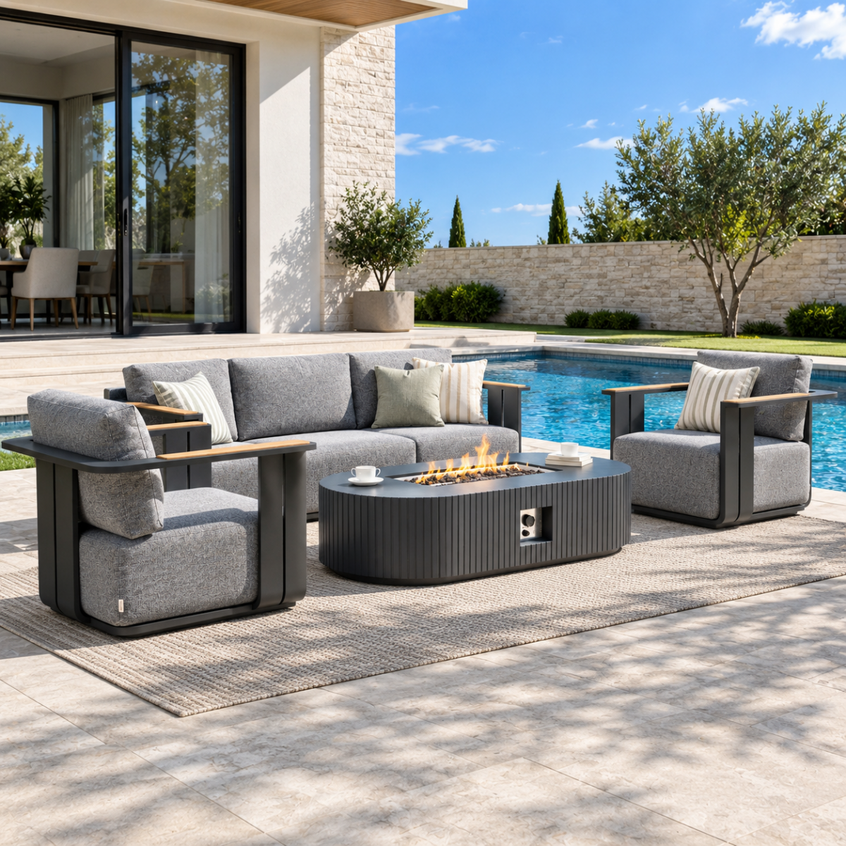 VAREL 4-Piece Sofa Set with LYRIN Fire Pit Table (2 Armchairs + 3-Seater)