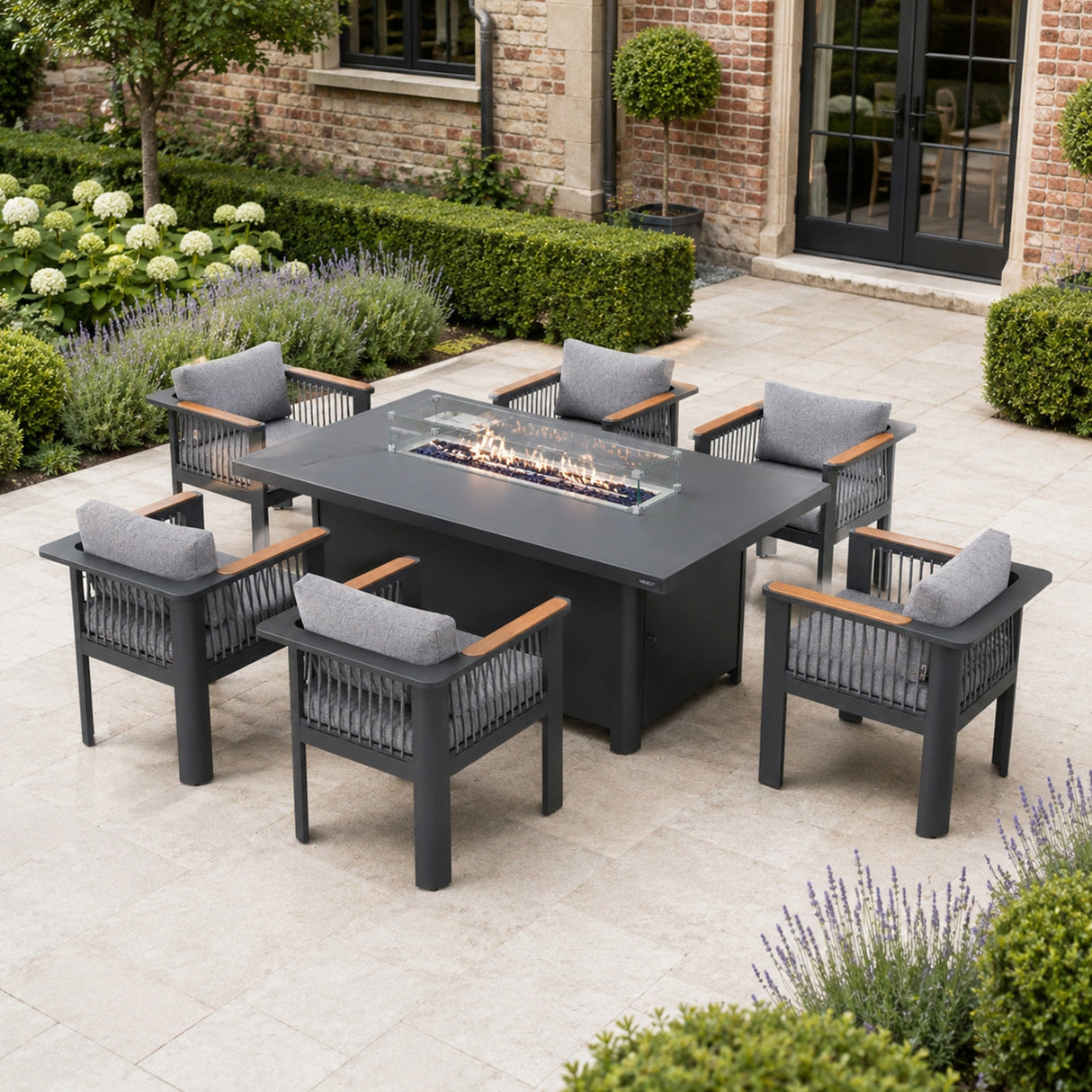 TALARA 7-Piece Outdoor Dining Fire Pit Set with 6 Dining Chairs