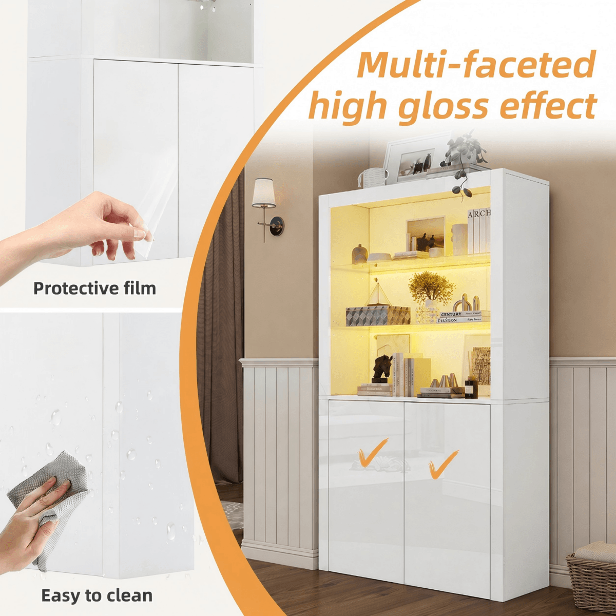 White High Gloss Display Cabinet - Tall Storage Cupboard with Tempered Glass Shelves, Doors & LED Lights