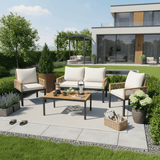 4 Seater Rattan Garden Furniture Set - Outdoor Sofa Set with Cushions, Table and Chairs, Beige