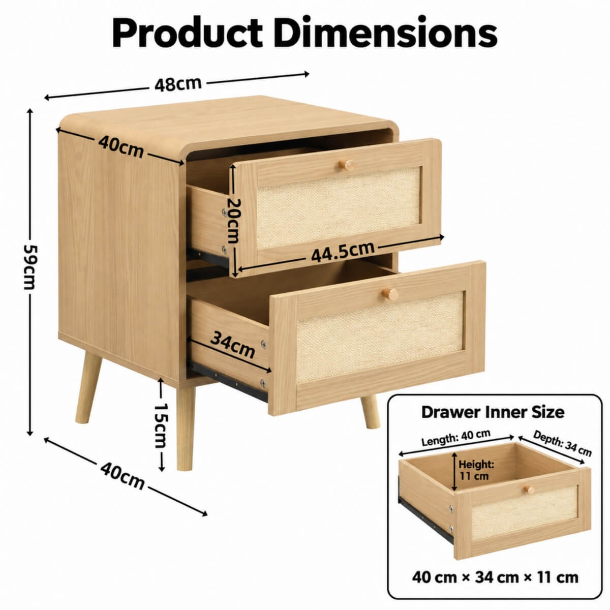 Set of 2 Rattan Effect Bedside Tables with 2 Drawers - Rounded Corners and Raised Legs, Natural Oak