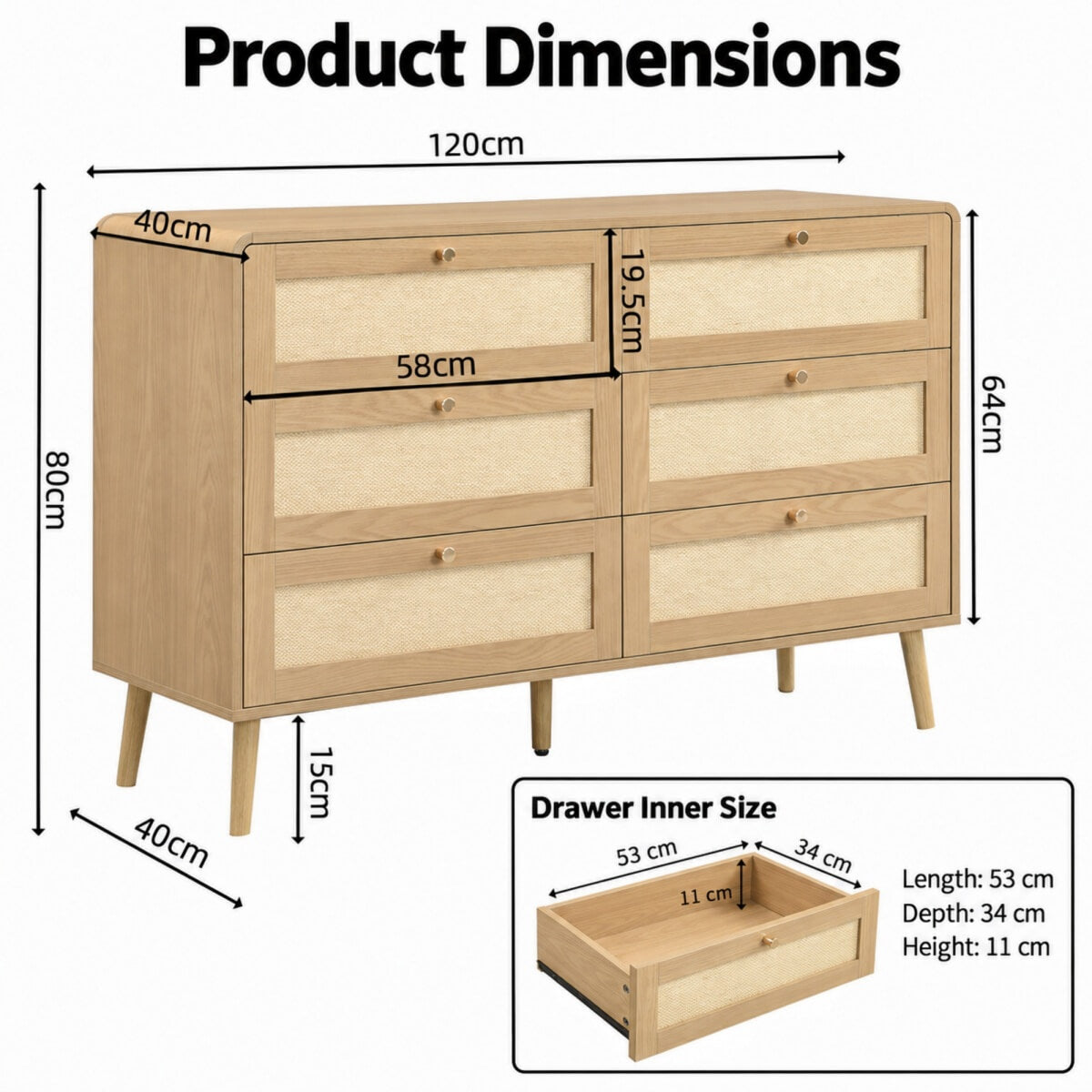 120cm 6 Drawer Chest of Drawers - Rattan Effect Bedroom Storage Dresser with Rounded Corners and Raised Legs, Natural Oak