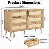120cm 6 Drawer Chest of Drawers - Rattan Effect Bedroom Storage Dresser with Rounded Corners and Raised Legs, Natural Oak
