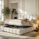 4ft6 Double Upholstered Bed with Hydraulic Storage - White Bouclé Bed Frame with Padded Headboard & Slatted Base