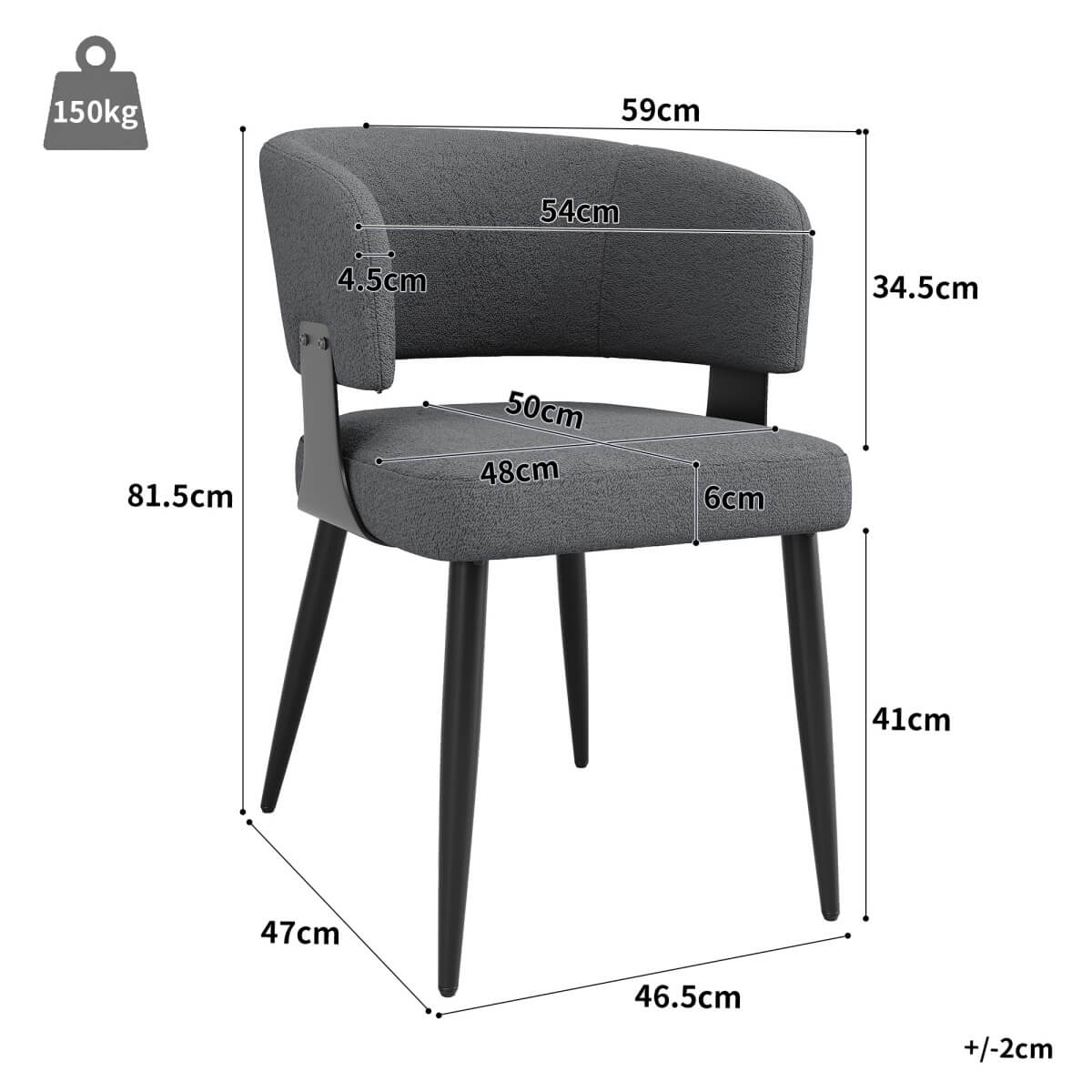 Set of 2 Modern Dining Chairs – Upholstered Fabric Dining Room Chairs with Curved Backrest, Padded Seat and Metal Legs