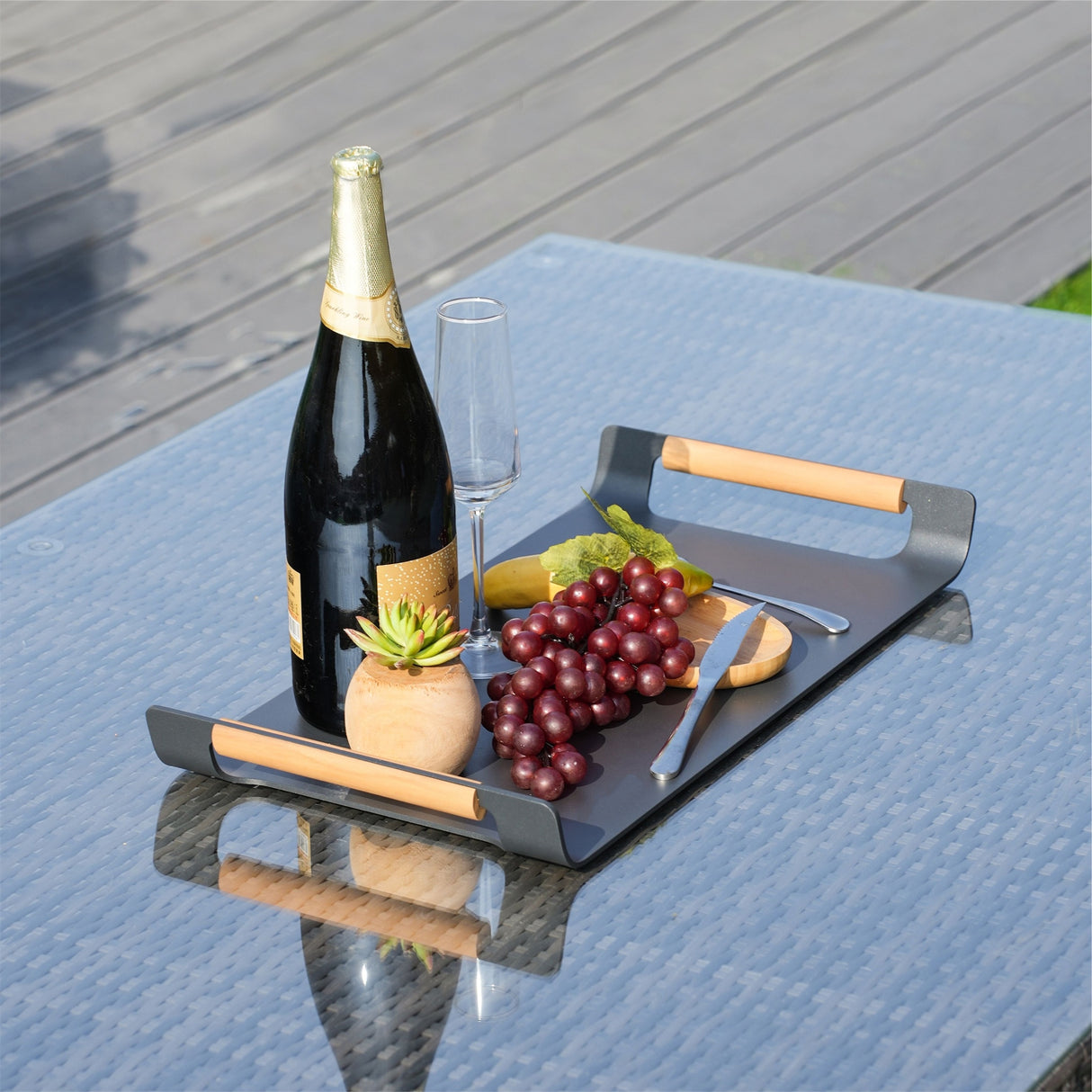 Outdoor Aluminium Serving Tray with Teak Handles