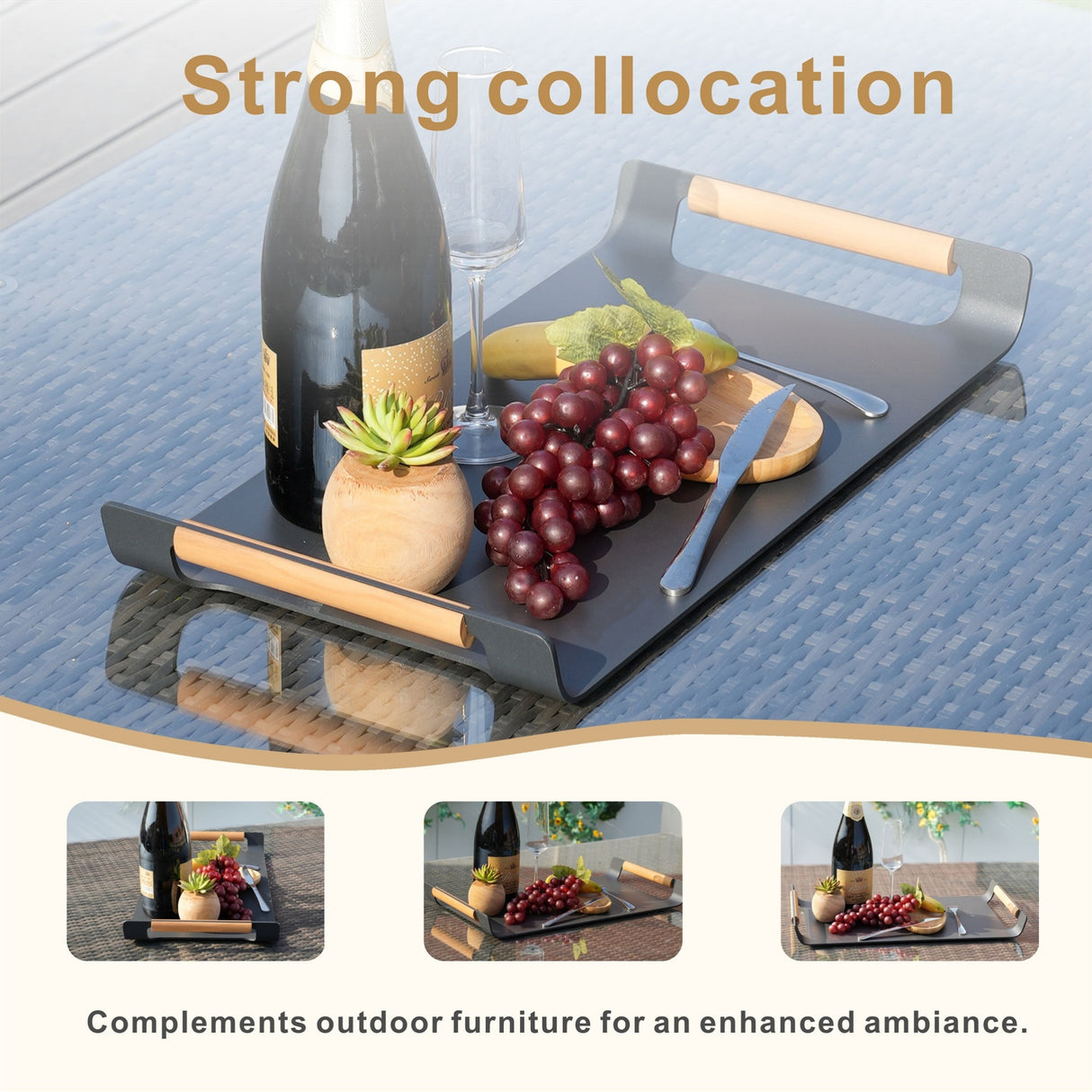 Outdoor Aluminium Serving Tray with Teak Handles