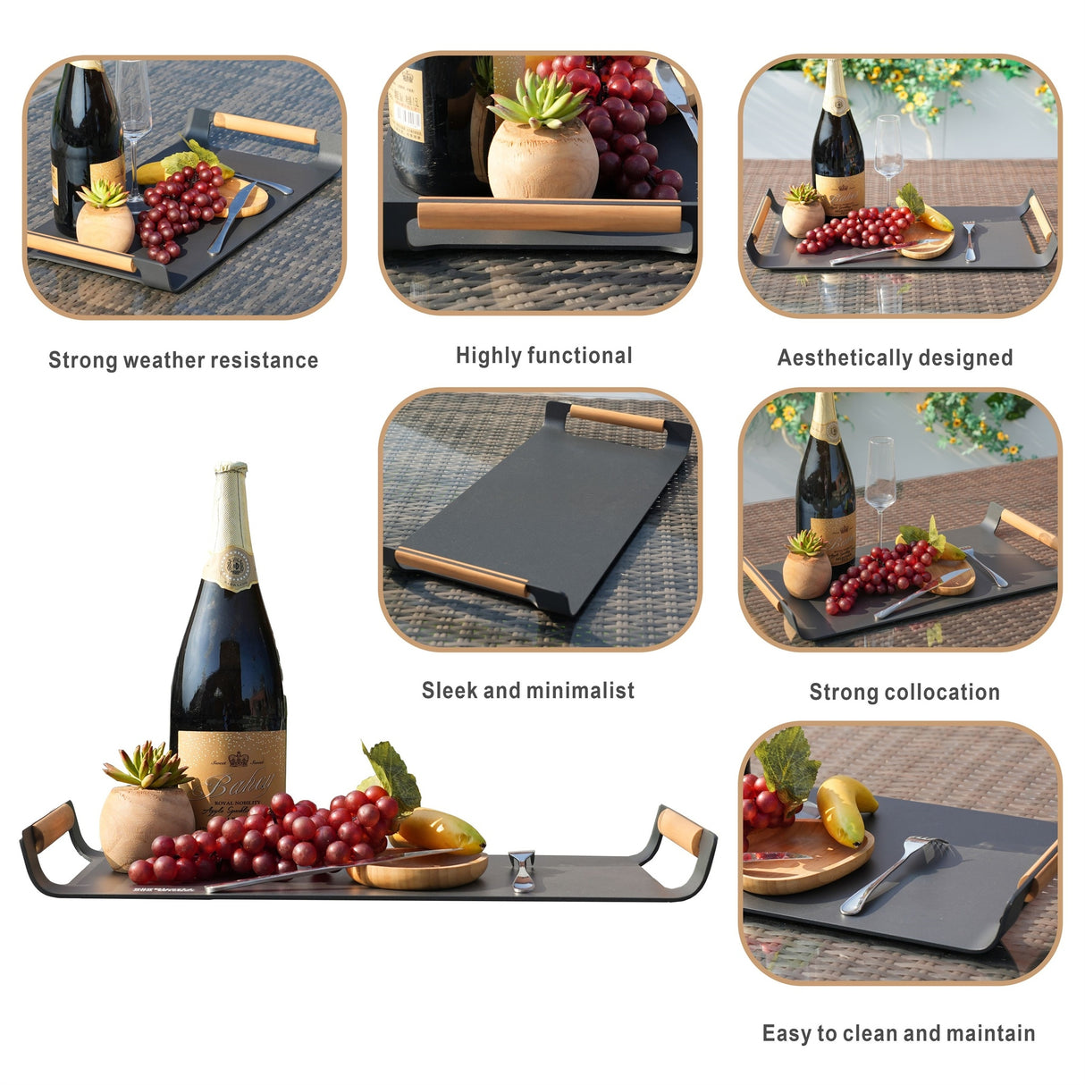 Outdoor Aluminium Serving Tray with Teak Handles