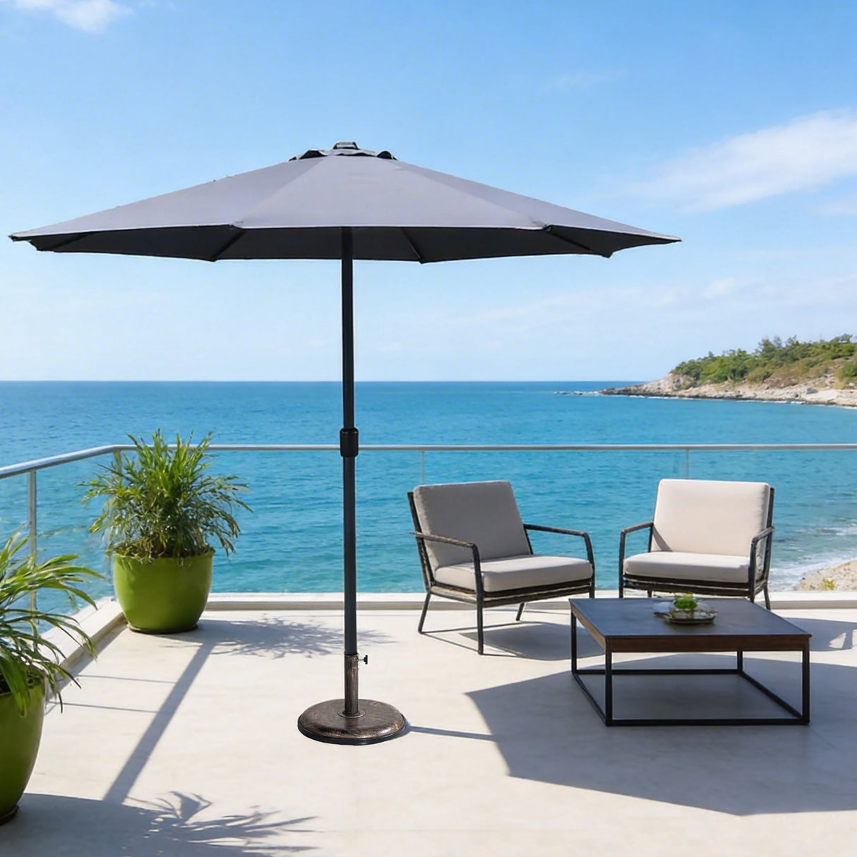 Outdoor Garden Parasol with Steel Pole -  8 Rib, Crank Handle & Vent