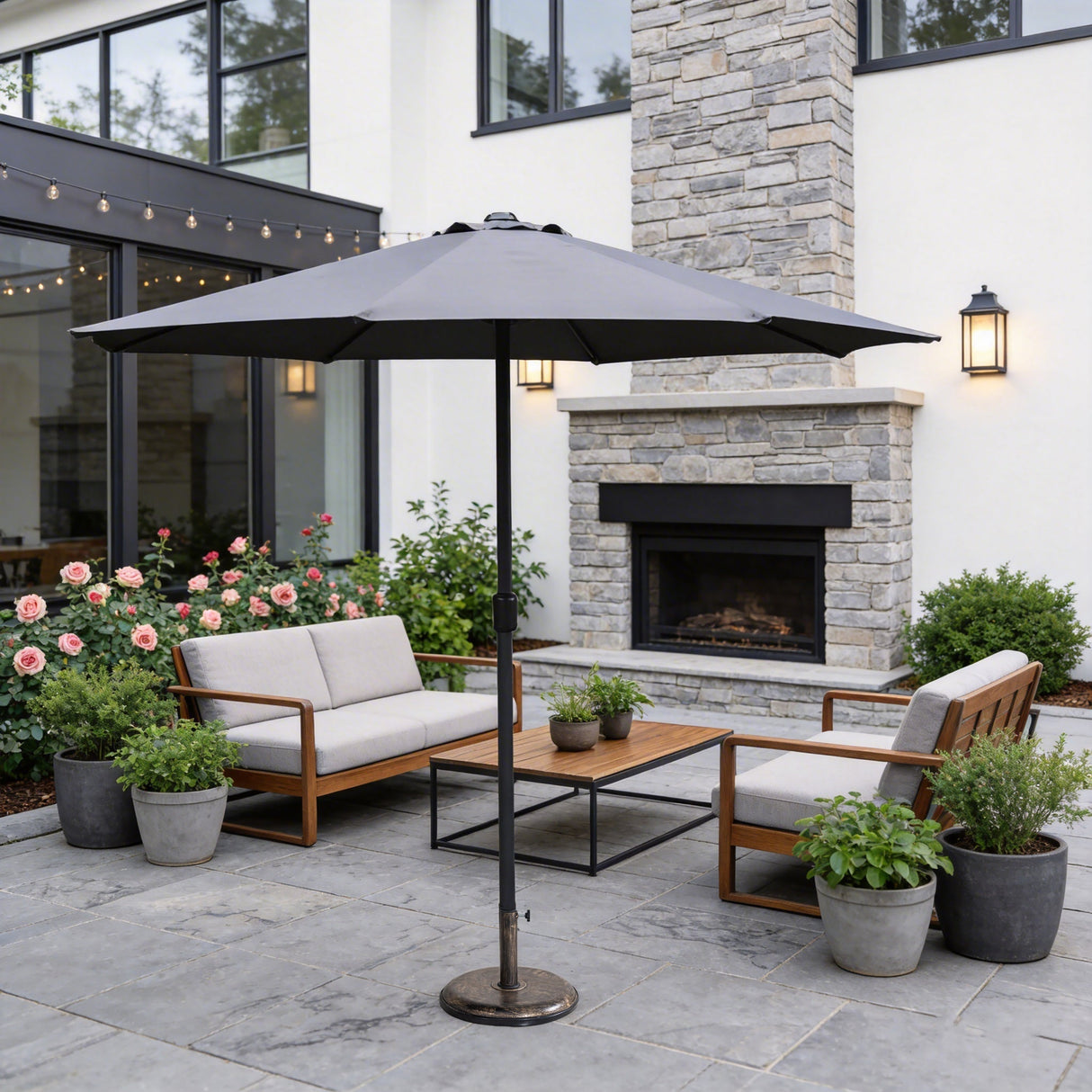 Outdoor Garden Parasol with Steel Pole -  8 Rib, Crank Handle & Vent